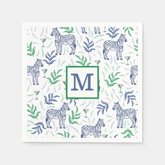 Serviette En Papier Preppy Navy Zebra Martinis White Monogramme (Devant)