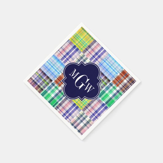 Serviette En Papier Preppy Patchwork Madras Navy Quatrefoil Monogramme (Coin)
