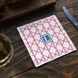 Serviette En Papier Preppy Rose Navy Trellis Bambou Motif Monogramme