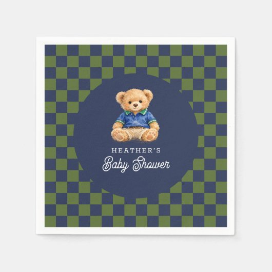 Serviette En Papier Preppy Teddy Bear Checkboard Baby Shower (Devant)
