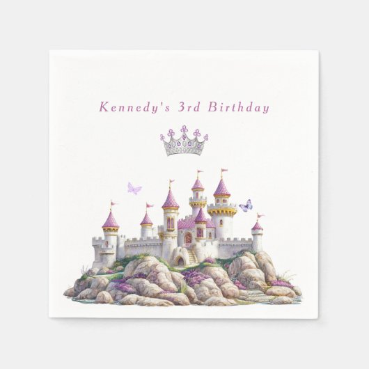 Serviette En Papier Princess Castle Silver Crown Pink Gems Papillons (Devant)