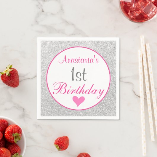Serviette En Papier Princess Pink & Silver Parties scintillant 1er ann (En situation)
