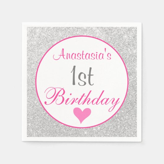 Serviette En Papier Princess Pink & Silver Parties scintillant 1er ann (Devant)
