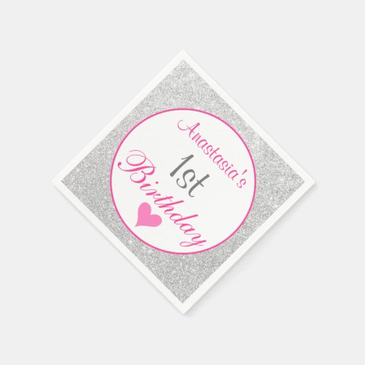 Serviette En Papier Princess Pink & Silver Parties scintillant 1er ann (Coin)