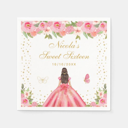 Serviette En Papier Princesse aux Cheveux Bruns Fleur Rose Sweet Seize (Devant)