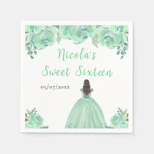 Serviette En Papier Princesse aux Cheveux Bruns Fleurs Florales Vert M