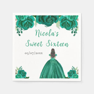 Serviette En Papier Princesse aux Cheveux Bruns Fleurs Florales Vertes