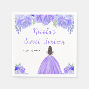 Serviette En Papier Princesse aux Cheveux Bruns Fleurs Florales Violet