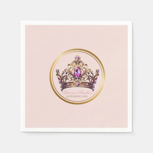 Serviette En Papier Princesse Couronne d'or rose 1er anniversaire (Devant)