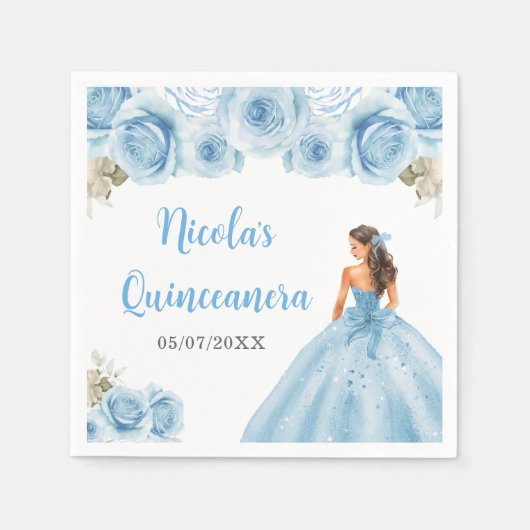 Serviette En Papier Princesse Florale en Robe Bleue Quinceanera (Devant)