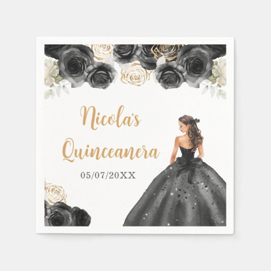 Serviette En Papier Princesse Florale en Robe Noire Quinceanera (Devant)