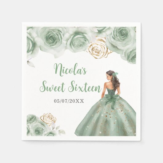 Serviette En Papier Princesse Florale en Sweet sixteen Robe verte Sage (Devant)