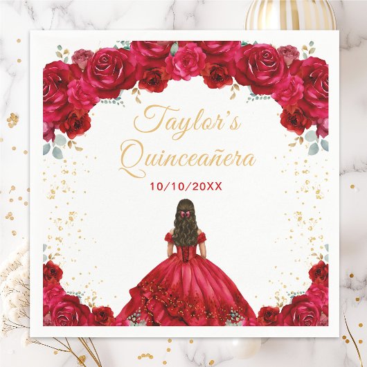 Serviette En Papier Princesse Rouge Floral Quinceañera