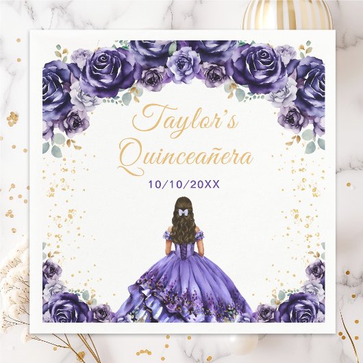 Serviette En Papier Princesse violette foncée Floral Quinceañera