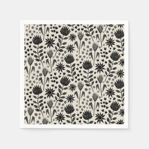 Serviette En Papier Protea Floral Block Print Millefleur noir lin