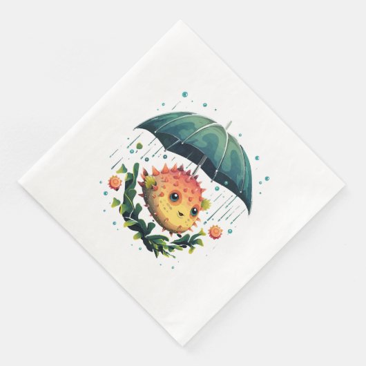 Serviette En Papier Puffer Fish Rainy Day avec parapluie (Coin)
