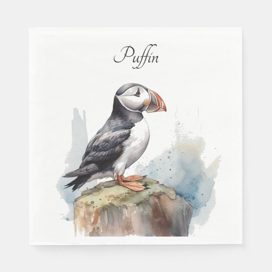 Serviette En Papier Puffin sur une aquarelle rocheuse, personnalisé (Devant)