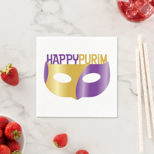 Serviette En Papier Purim et masque violet or heureux (En situation)