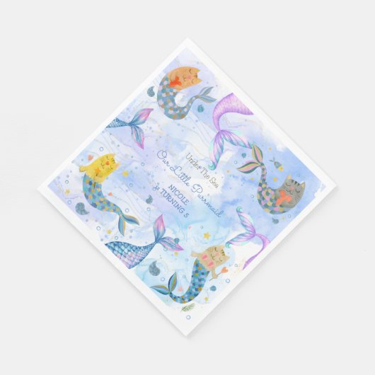 Serviette En Papier Purmaid chat sirène aquarelle fille anniversaire (Coin)