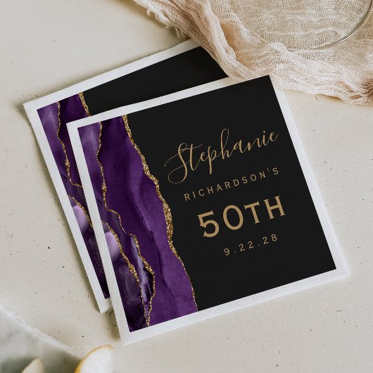 Serviette En Papier Purple Agate Gold Script Dark 50e anniversaire
