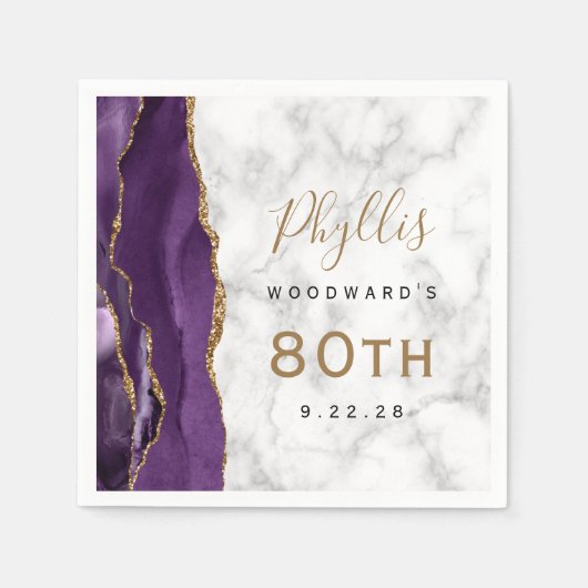 Serviette En Papier Purple Agate Marbre Or Script 80e anniversaire (Devant)