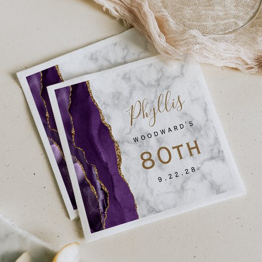 Serviette En Papier Purple Agate Marbre Or Script 80e anniversaire