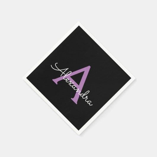 Serviette En Papier Purple Black Script Girl Nom du monogramme (Coin)