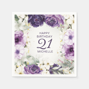 Serviette En Papier Purple Blanc Floral Joyeux Anniversaire Nom Âge