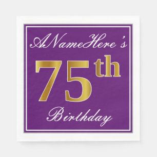 Serviette En Papier Purple élégant, Faux Gold 75e anniversaire + Nom