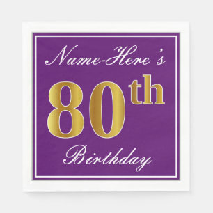 Serviette En Papier Purple élégant, Faux Gold 80e anniversaire + Nom