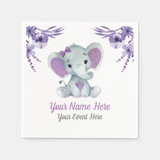 Serviette En Papier Purple Elephant Girl Baby shower de serviettes Ann (Devant)