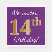 Serviette En Papier Purple, Faux Gold 14e anniversaire + Nom personnal (Devant)