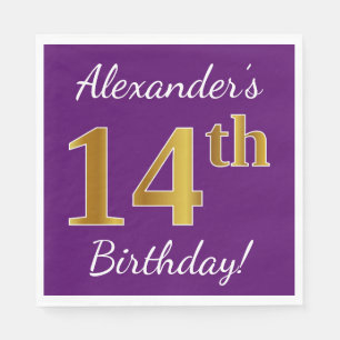 Serviette En Papier Purple, Faux Gold 14e anniversaire + Nom personnal