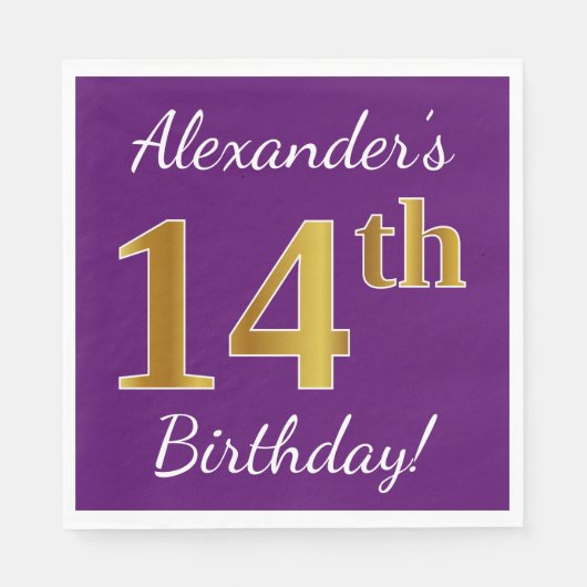 Serviette En Papier Purple, Faux Gold 14e anniversaire + Nom personnal (Devant)