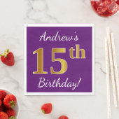 Serviette En Papier Purple, Faux Gold 15e anniversaire + Nom personnal (En situation)