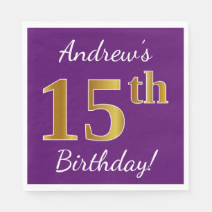 Serviette En Papier Purple, Faux Gold 15e anniversaire + Nom personnal