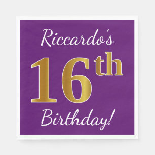 Serviette En Papier Purple, Faux Gold 16e anniversaire + Nom personnal