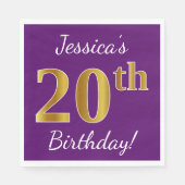 Serviette En Papier Purple, Faux Gold 20e anniversaire + Nom personnal (Devant)