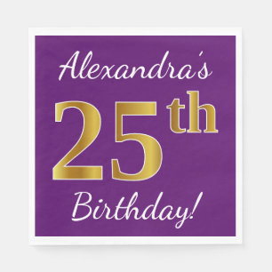 Serviette En Papier Purple, Faux Gold 25e anniversaire + Nom personnal