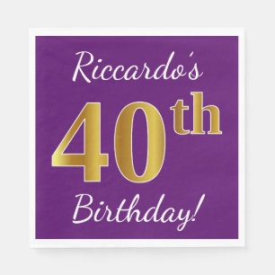 Serviette En Papier Purple, Faux Gold 40e anniversaire + Nom personnal