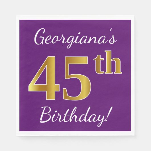 Serviette En Papier Purple, Faux Gold 45e anniversaire + Nom personnal (Devant)