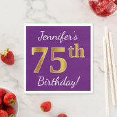 Serviette En Papier Purple, Faux Gold 75e anniversaire + Nom personnal (En situation)