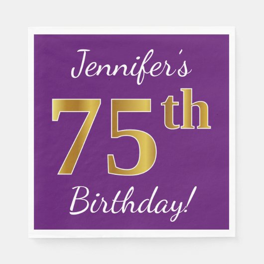 Serviette En Papier Purple, Faux Gold 75e anniversaire + Nom personnal (Devant)