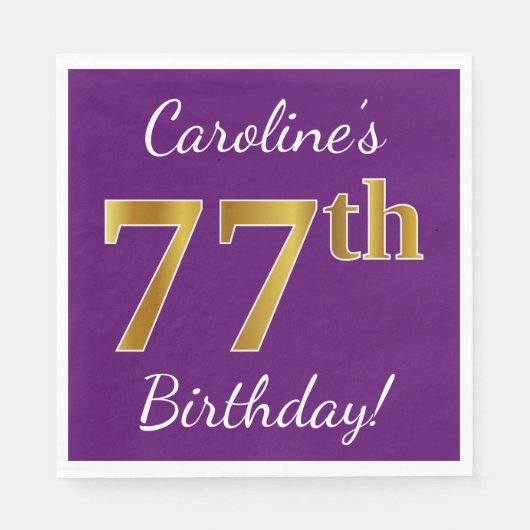 Serviette En Papier Purple, Faux Gold 77e anniversaire + Nom personnal (Devant)