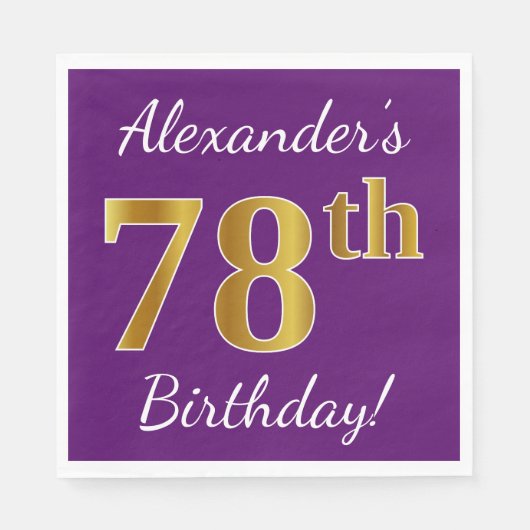 Serviette En Papier Purple, Faux Gold 78e anniversaire + Nom personnal (Devant)