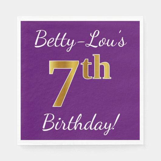 Serviette En Papier Purple, Faux Gold 7e anniversaire + Nom personnali (Devant)