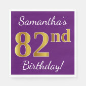Serviette En Papier Purple, Faux Gold 82e anniversaire + Nom personnal (Devant)
