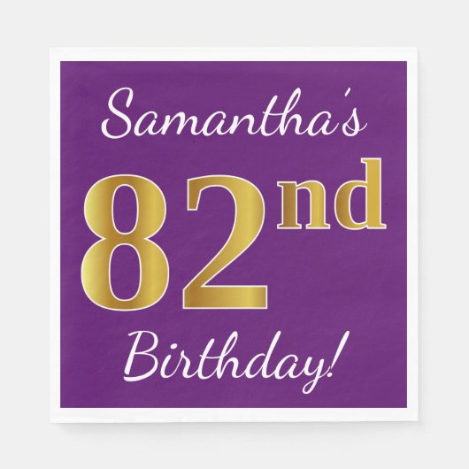 Serviette En Papier Purple, Faux Gold 82e anniversaire + Nom personnal (Devant)