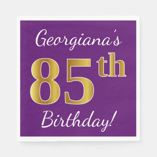 Serviette En Papier Purple, Faux Gold 85e anniversaire + Nom personnal (Devant)