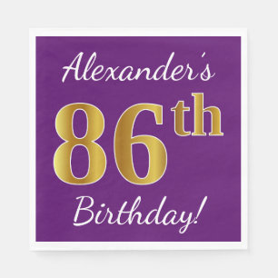 Serviette En Papier Purple, Faux Gold 86e anniversaire + Nom personnal